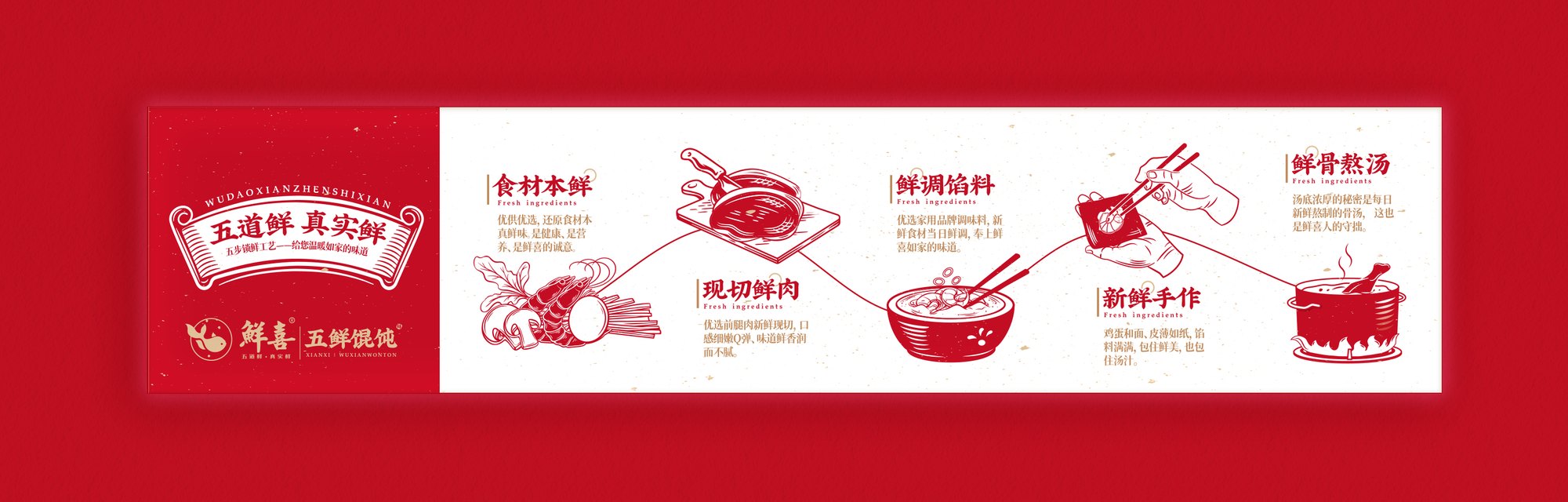 【传统餐饮】鲜喜馄饨logo设计-五道鲜·真实鲜-倾新品牌设计侯维静 图片 04